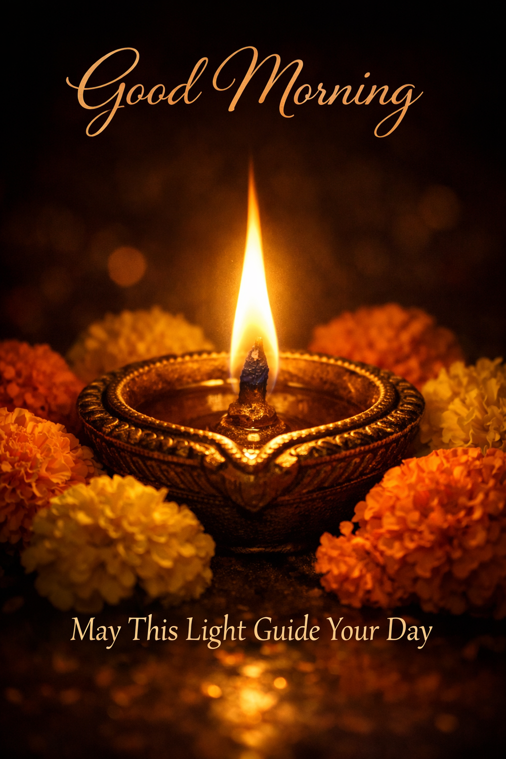 Good morning image burning diya oil lamp marigold flowers dark background May This Light Guide Your Day